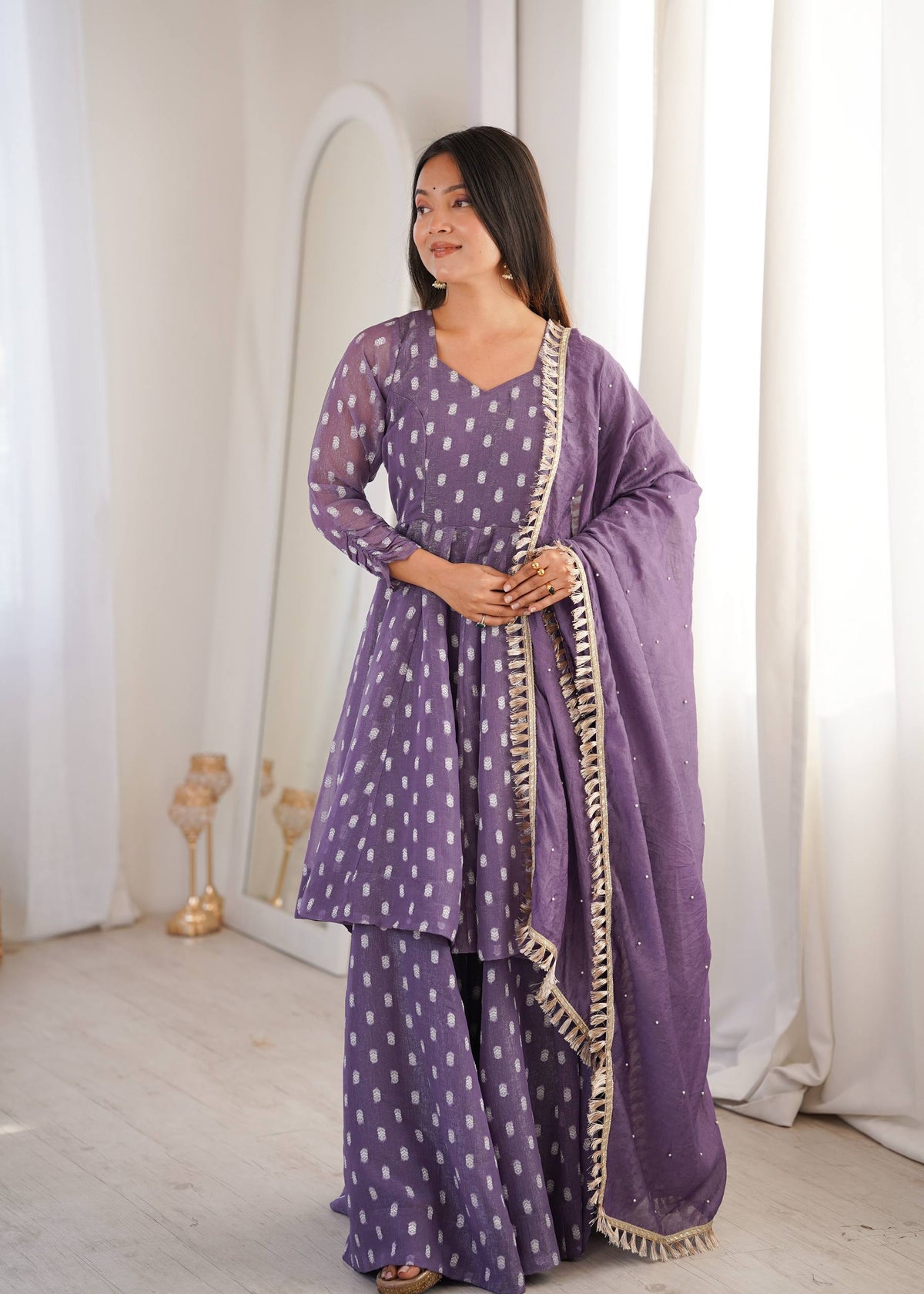 Lavender polka dot tiered Anarkali sharara set-1108