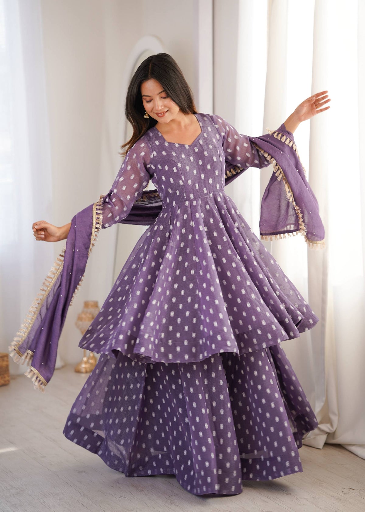 Lavender polka dot tiered Anarkali sharara set-1108