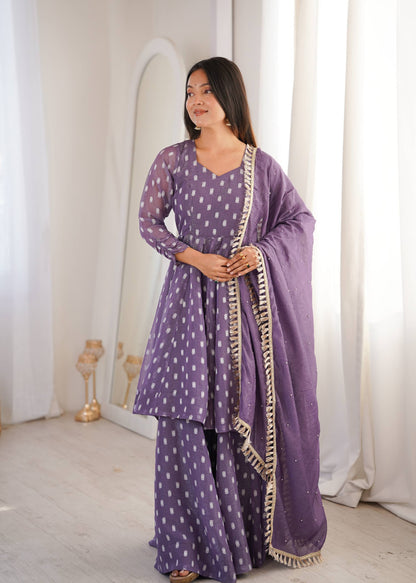 Lavender polka dot tiered Anarkali sharara set-1108