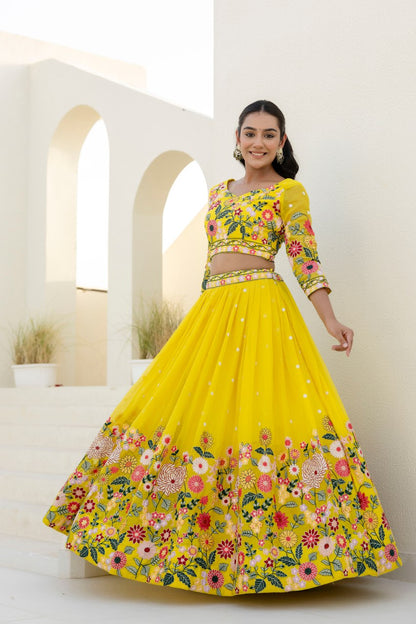 Floral embroidered yellow organza Lehenga set - 1374