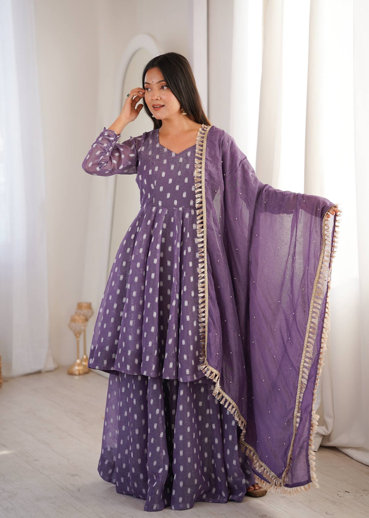 Lavender polka dot tiered Anarkali sharara set-1108