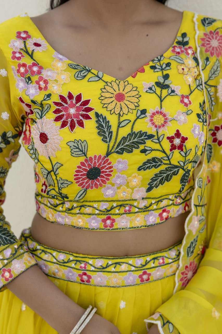 Floral embroidered yellow organza Lehenga set - 1374