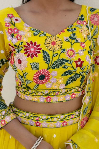 Floral embroidered yellow organza Lehenga set - 1374