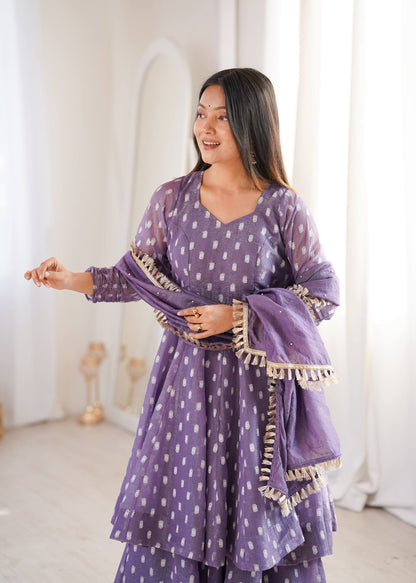 Lavender polka dot tiered Anarkali sharara set-1108