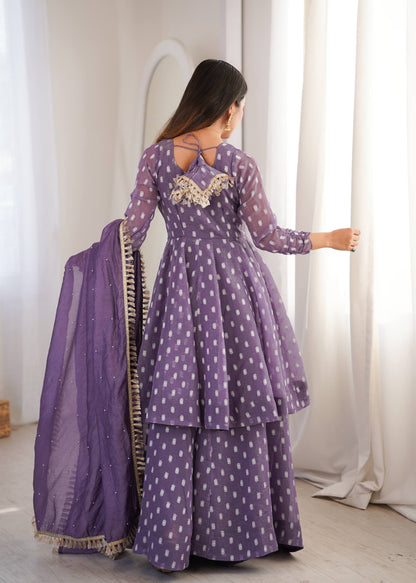 Lavender polka dot tiered Anarkali sharara set-1108
