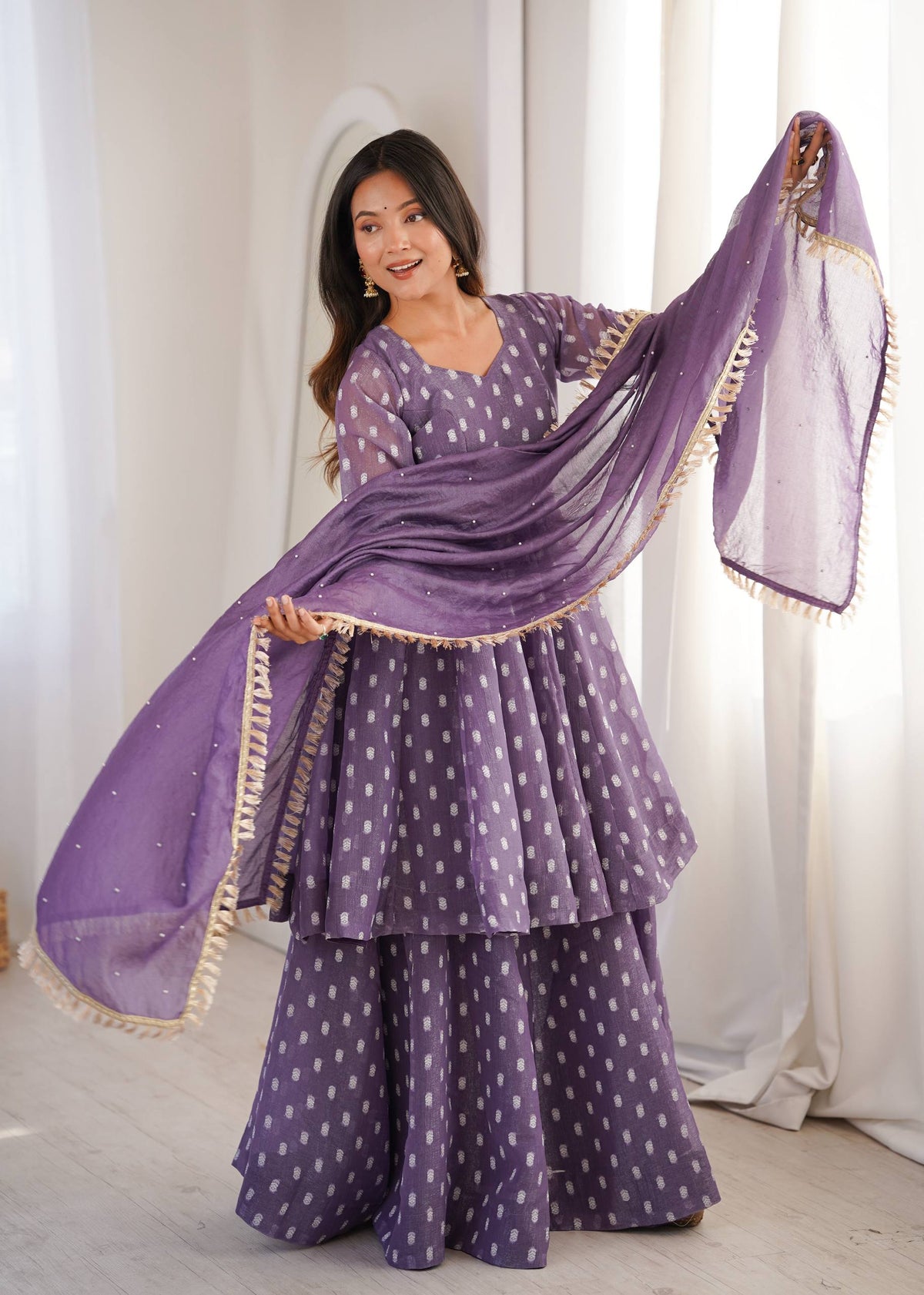 Lavender polka dot tiered Anarkali sharara set-1108