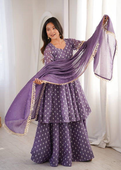 Lavender polka dot tiered Anarkali sharara set-1108